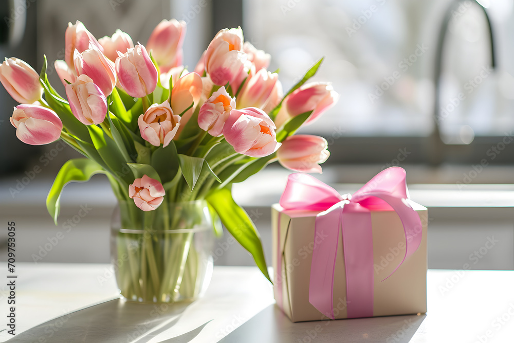 Obraz premium Mother's day concept - fresh beautiful tulips and present in kitchen background, morning light