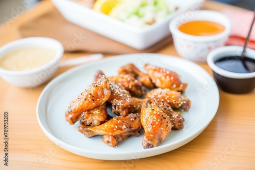 honey-glazed wings on a plate with dipping sauce