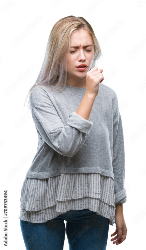 Young blonde woman over isolated background feeling unwell and coughing as symptom for cold or bronchitis. Healthcare concept. Young blonde woman over isolated background feeling unwell and coughing as symptom for cold or bronchitis. Healthcare concept.