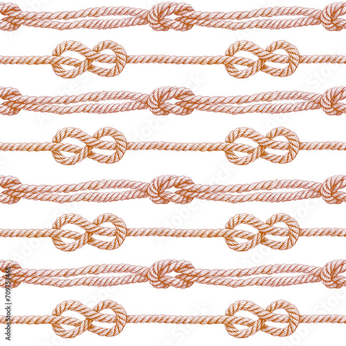 Seamless pattern of rope cords with knots eight knots. Hand drawn illustration. Nautical thread whipcord with loop and noose. Hand painted brown elements on white background. Print, wallpaper, wrapp