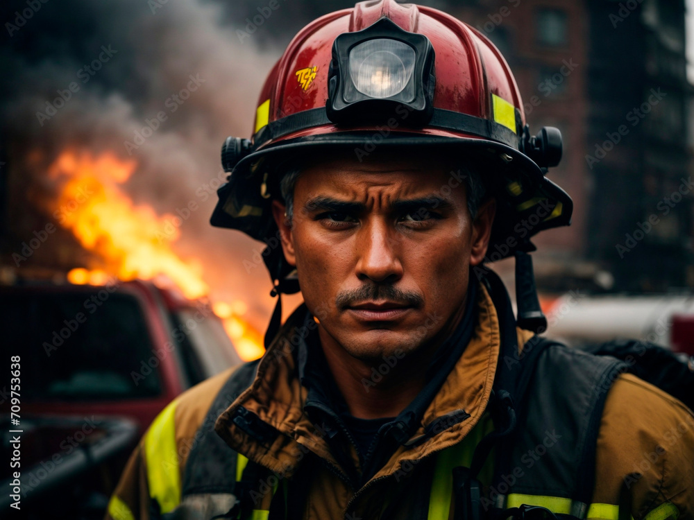 A strong firefighter in a building fire A strong firefighter in a building fire