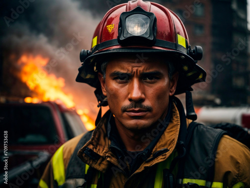 A strong firefighter in a building fire © Oldboy