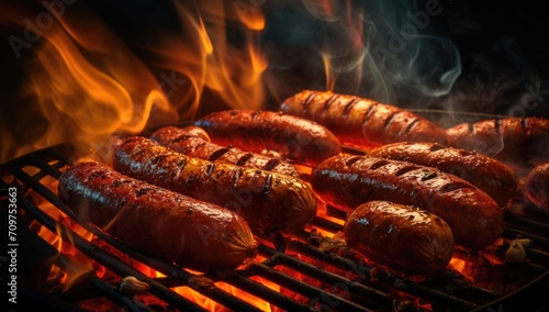 sausages are being cooked on the grill with fire on them