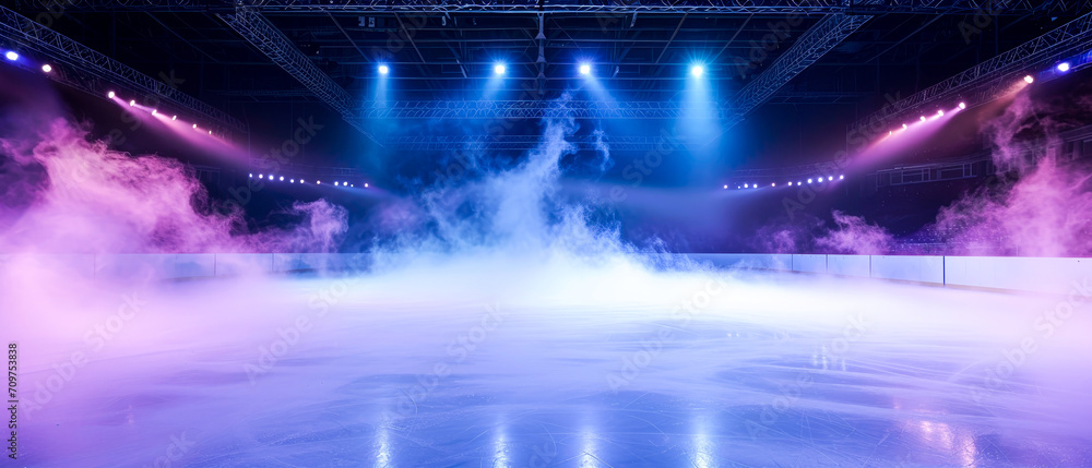 futuristic background with neon spotlights, smoke.Ice Rink.Professional Arena, Scene. Winter poster for hockey competitions. Ice skating. Stadium. Generative ai	