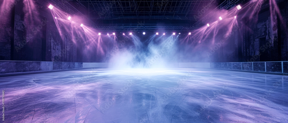 futuristic background with neon spotlights, smoke.Ice Rink.Professional Arena, Scene. Winter poster for hockey competitions. Ice skating. Stadium. Generative ai	