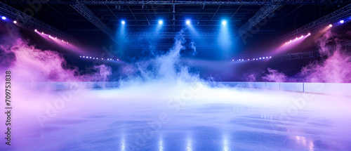 futuristic background with neon spotlights, smoke.Ice Rink.Professional Arena, Scene. Winter poster for hockey competitions. Ice skating. Stadium. Generative ai 