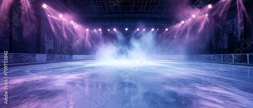 futuristic background with neon spotlights, smoke.Ice Rink.Professional Arena, Scene. Winter poster for hockey competitions. Ice skating. Stadium. Generative ai  © Inai