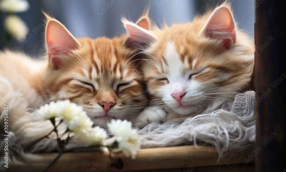 Two cute ginger tabby kittens are sleeping, in a soft surface. Greeting card.