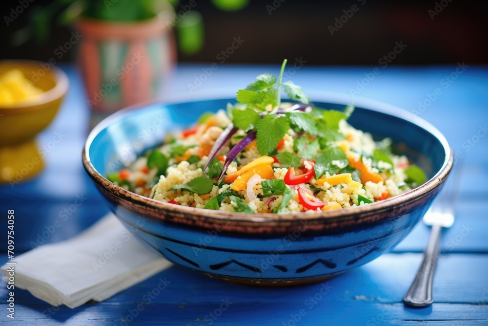 bright couscous salad with parsley in a blue bowl bright couscous salad with parsley in a blue bowl