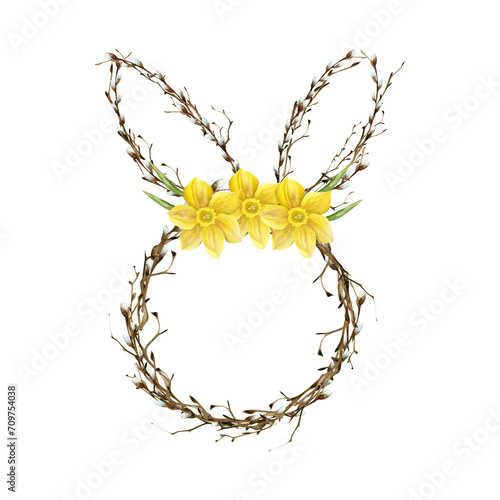 Floral frame in shape of easter rabbit with long ears and yellow daffodils watercolor. Bare branches and willow in rustic frame for holiday, greeting card, invitation, label design. Spring narcissus a photo