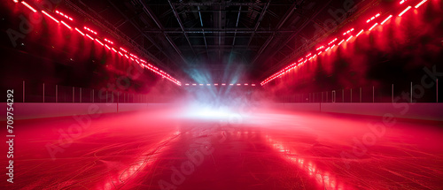 Red Ice Rink Background. Professional Arena illuminated red neon lights, spotlights with smoke. Copyspace. Winter poster for hockey competitions. Ice skating. Stadium. Generative ai 