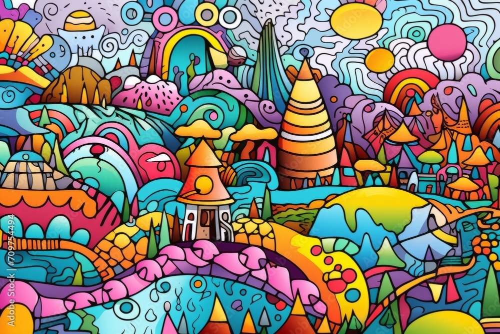Cartoon cute doodles of abstract surreal landscapes, blending whimsical elements seamlessly, Generative AI Cartoon cute doodles of abstract surreal landscapes, blending whimsical elements seamlessly, Generative AI