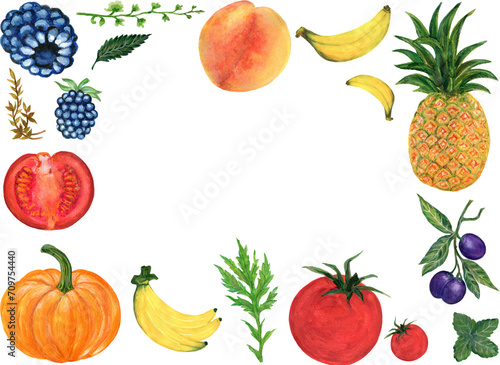 Watercolor fruit and vegetables frame banner border label pattern greetings collection