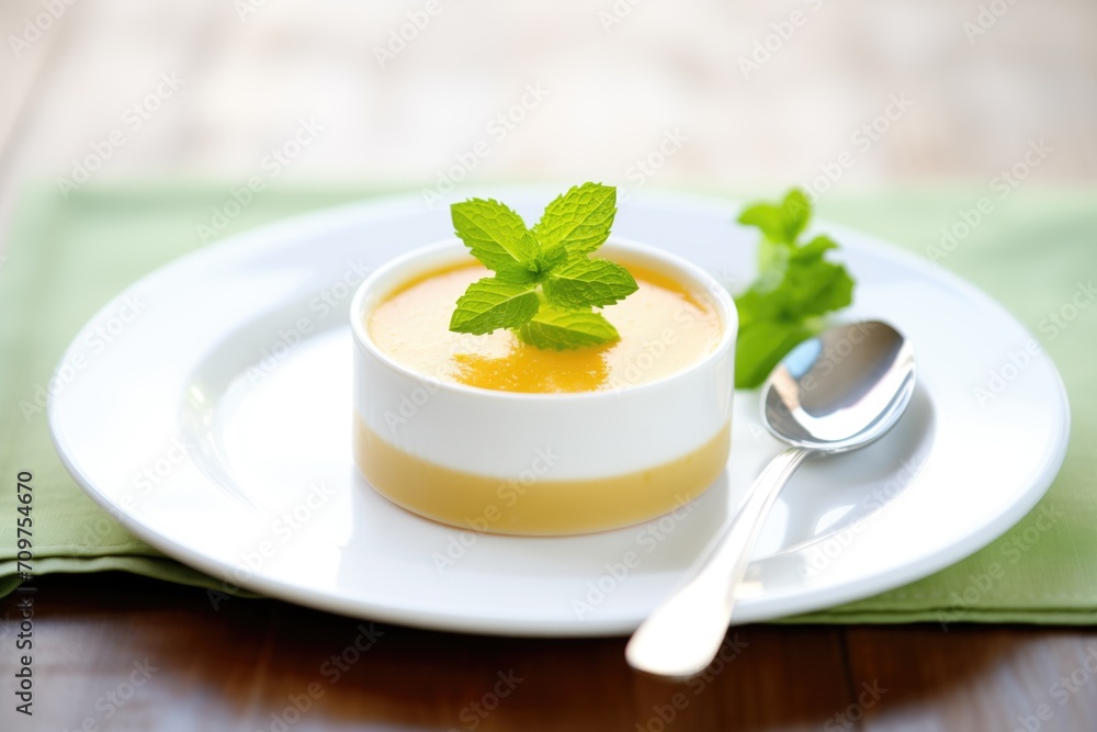 creme caramel with mint leaf on white plate creme caramel with mint leaf on white plate