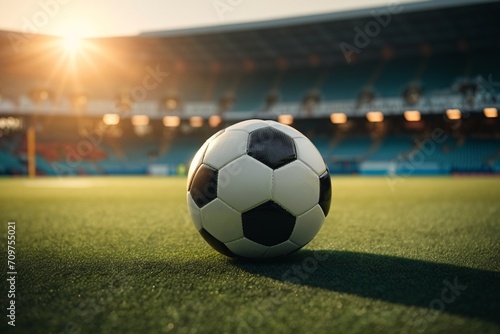 Soccer ball on grass in empty soccer stadium on soft sunny background. The concept of team play, football, waiting for a match, football championship, training. AI generated © Aisylu