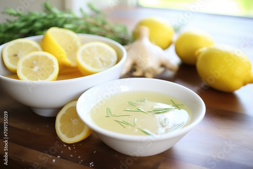 lemon and garlic infused detox soup, whole lemons, and garlic bulbs