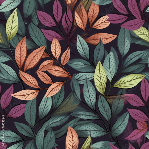 Seamless Pattern of Green  Yellow  and Red Leaves