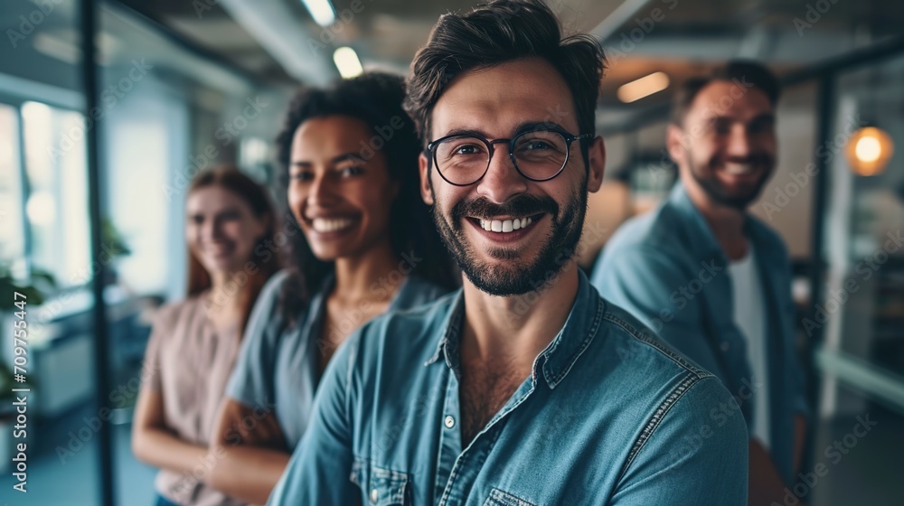 Group of business people happy, smiling in office by window.