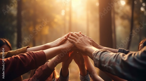 Group of people hands together. A group of volunteers who join hands with the concept of togetherness photo