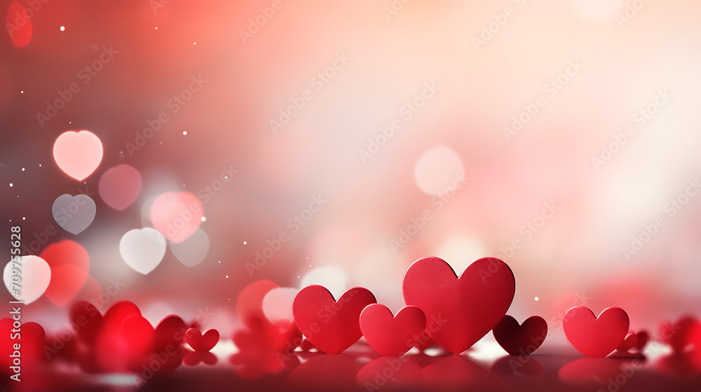 Valentines day background banner - abstract panorama background with red hearts - concept love. Generative AI illustration