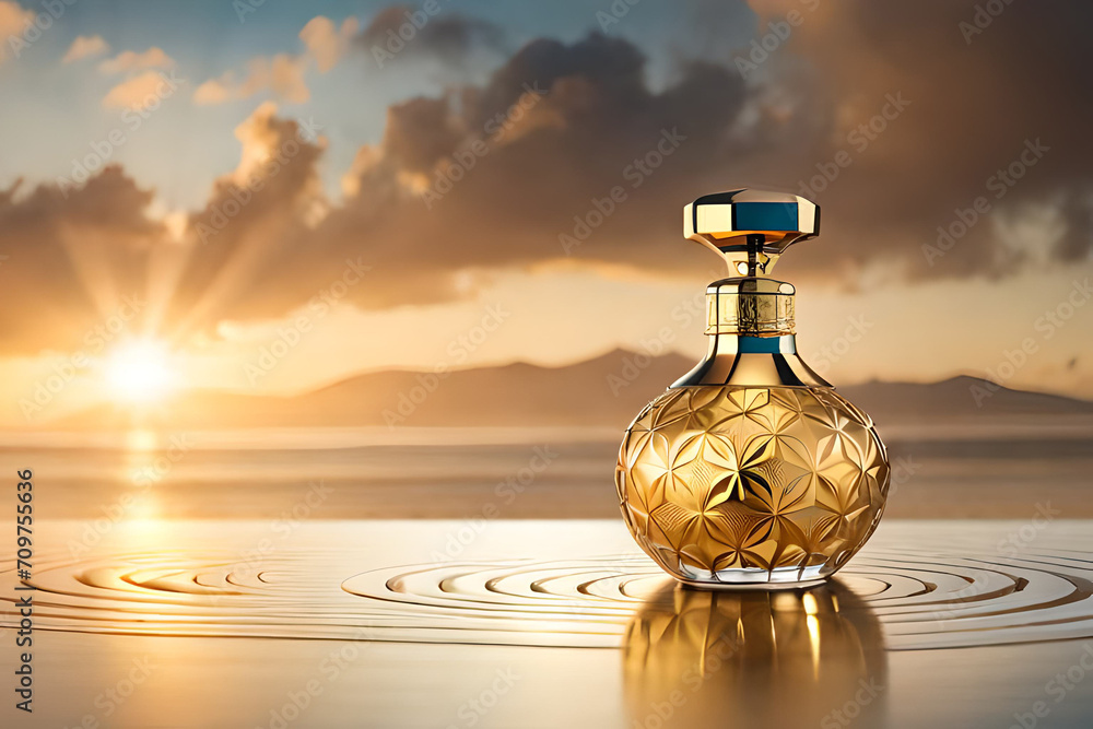 golden precious perfume container , expensive cosmetics branding template , minimal landscape background golden precious perfume container , expensive cosmetics branding template , minimal landscape background