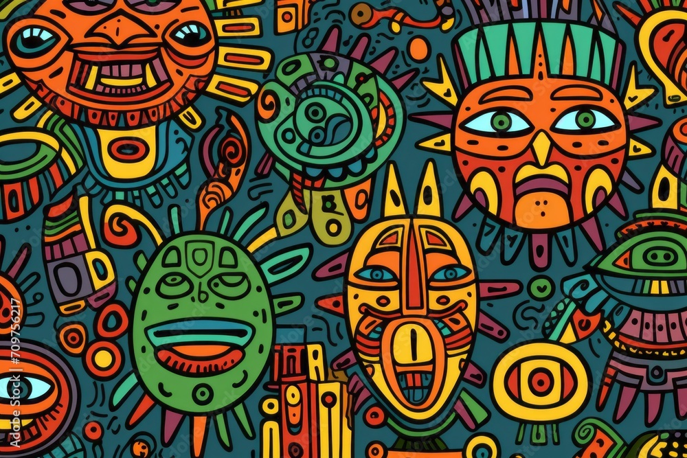 Obraz premium Cartoon cute doodles featuring African tribal motifs and symbols, forming a harmonious and culturally inspired seamless pattern, Generative AI 