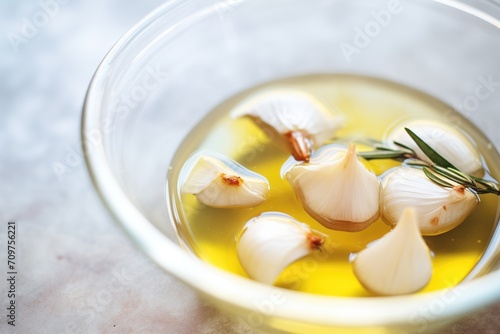 fermented garlic cloves in olive oil, close-up