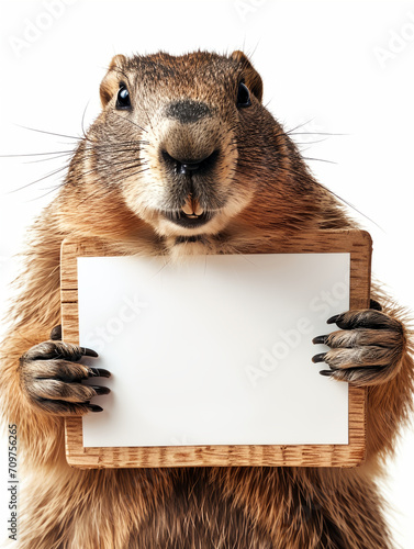 A cute groundhog holding a piece of blank paper on white background
 photo