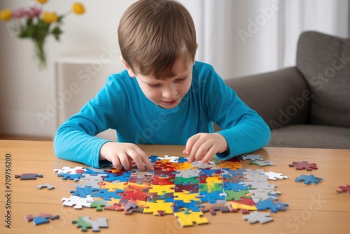 Focused child assembling colorful jigsaw puzzle pieces
