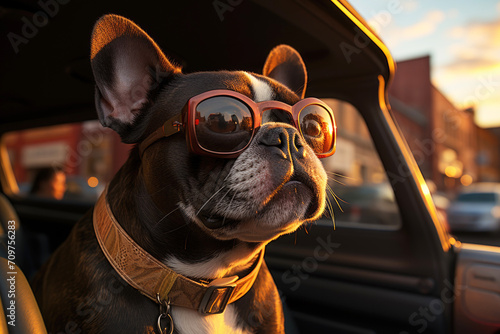A fashionable bulldog in stylish sunglasses sits in a car at sunset. Traveling by car with pets concept.
