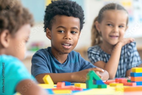 Diverse kids enjoying learning activities with toys indoors