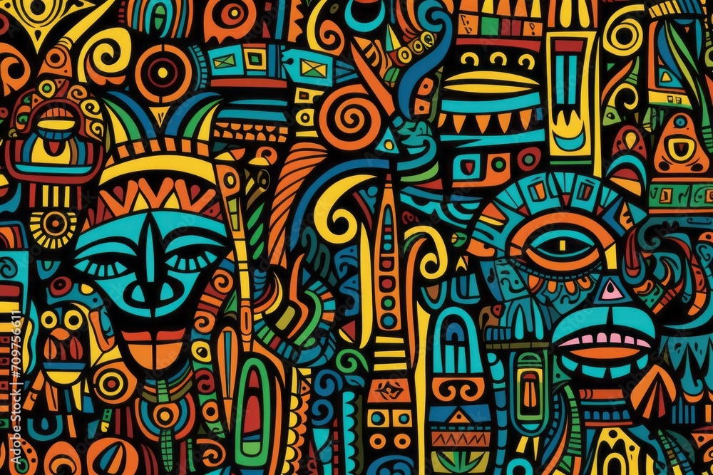 Cartoon cute doodles featuring African tribal patterns and symbols, intricately arranged to create a visually stunning and culturally inspired, Generative AI