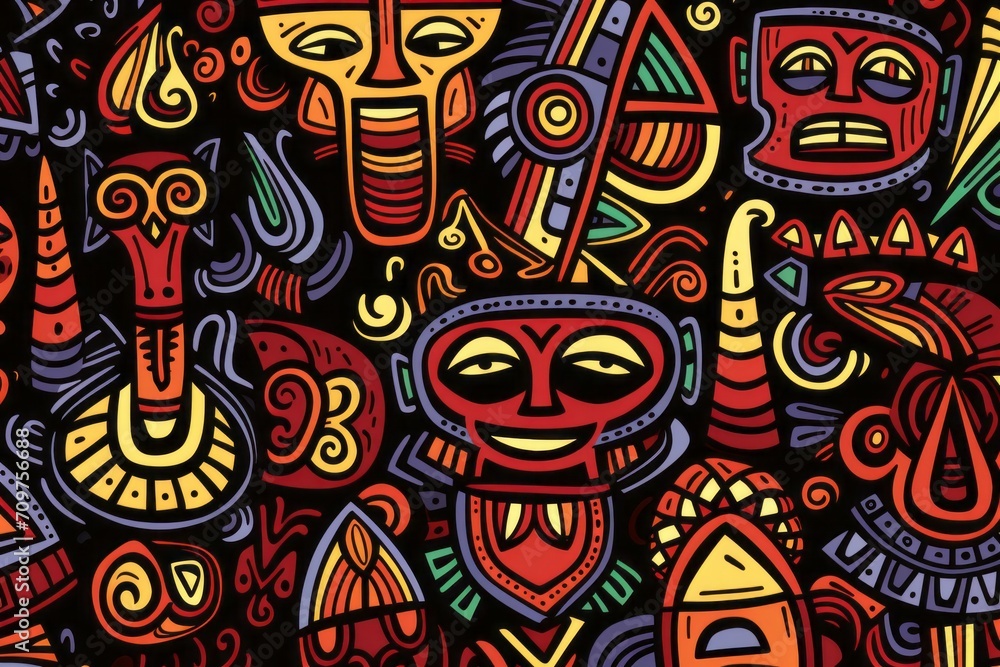 Cartoon cute doodles featuring African tribal patterns and symbols, intricately arranged to create a visually stunning and culturally inspired, Generative AI