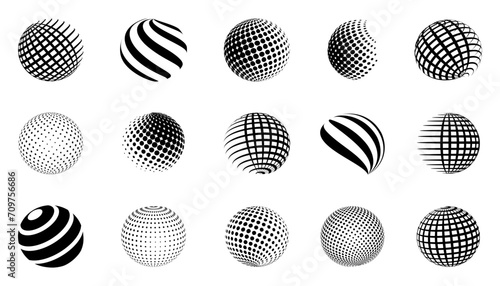 Abstract globe planet collection in different style. 3D spheres logo set, geometric shapes collection. Abstract gradient dotted texture globe elements