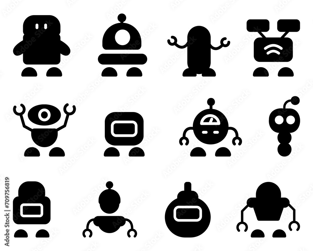 Black robot character icon collection. Set of robot technology character artificial machine icons. AI virtual robot head line icons Black robot character icon collection. Set of robot technology character artificial machine icons. AI virtual robot head line icons