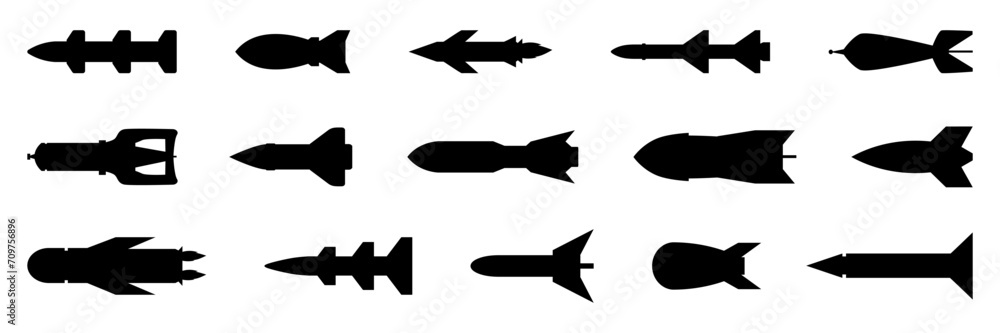 Black missile icon collection. Combat rocket weapons. Set of weapon and rocket symbol. Missile silhouette collection - obrazy, fototapety, plakaty 