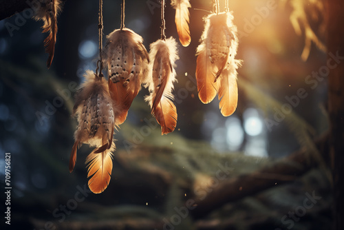 Penas de coruja pendentes na floresta sobre a luz do sol - Papel de aprede photo