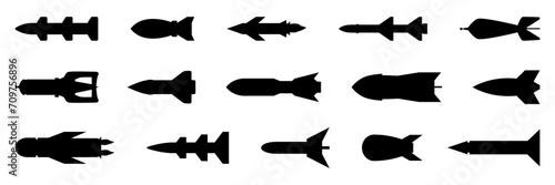 Black missile icon collection. Combat rocket weapons. Set of weapon and rocket symbol. Missile silhouette collection photo