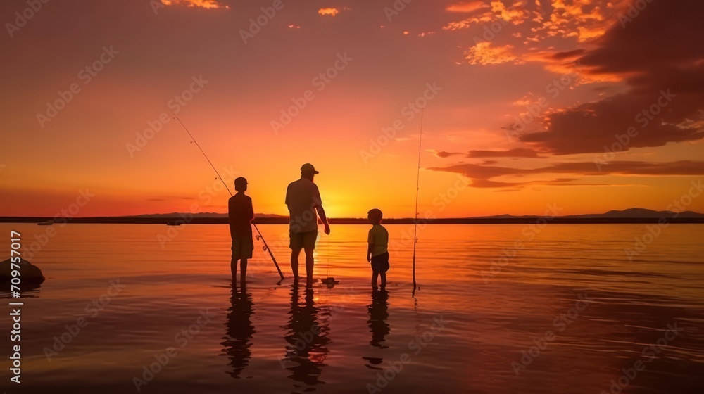 Fototapeta premium Silhouette of dad and son fishing on sunset Family dad and two sons are fishing at sunset, silhouette of a man and two boys