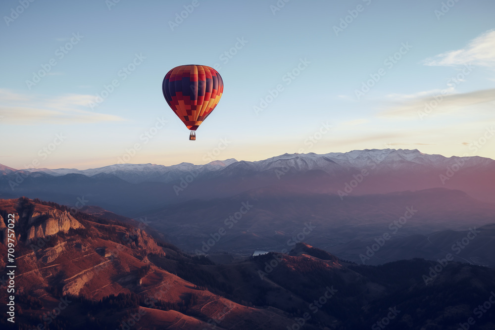Balão de ar quente voando no céu em uma paisagem de montanhas ao entardecer - obrazy, fototapety, plakaty 