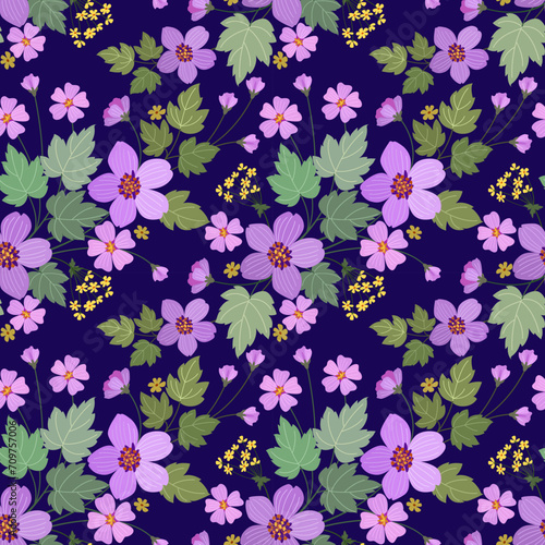 Purple with green leaf seamless pattern for fabric textile backdrop wallpaper. © teerawat