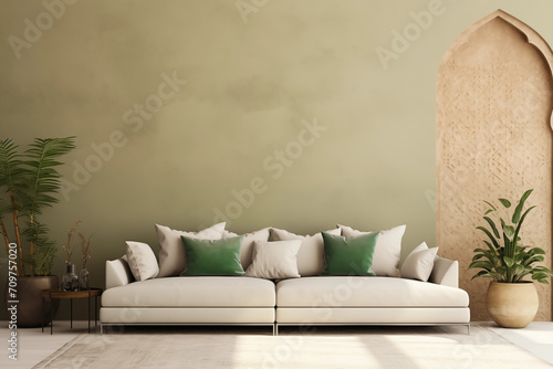 Sofá bege claro com almofadas beges e verdes capim limão e ao fundo uma parede lisa verde - Sala de estar moderna com plantas photo