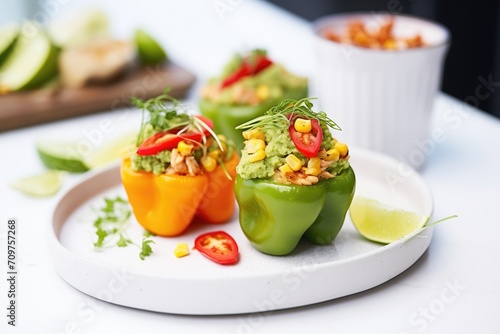 stuffed bell peppers with guacamole and corn kernels