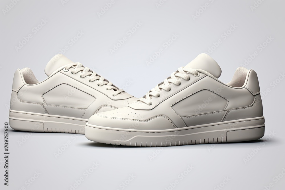 The photo shows a pair of white sneakers on a gray background. The sneakers are placed next to each other, slightly off the edge of the photo. The photo shows a pair of white sneakers on a gray background. The sneakers are placed next to each other, slightly off the edge of the photo.