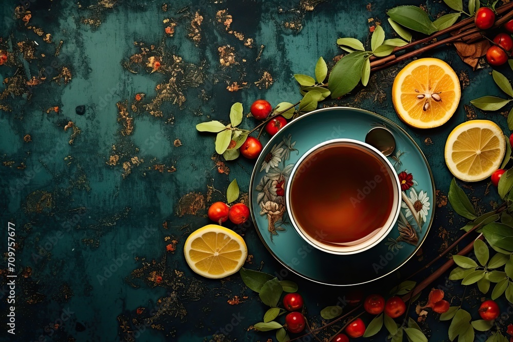 A cup of black tea with lemon and blueberries is depicted in the photo. The cup is placed on a wooden table, and lemon and blueberries are scattered around it. A cup of black tea with lemon and blueberries is depicted in the photo. The cup is placed on a wooden table, and lemon and blueberries are scattered around it.