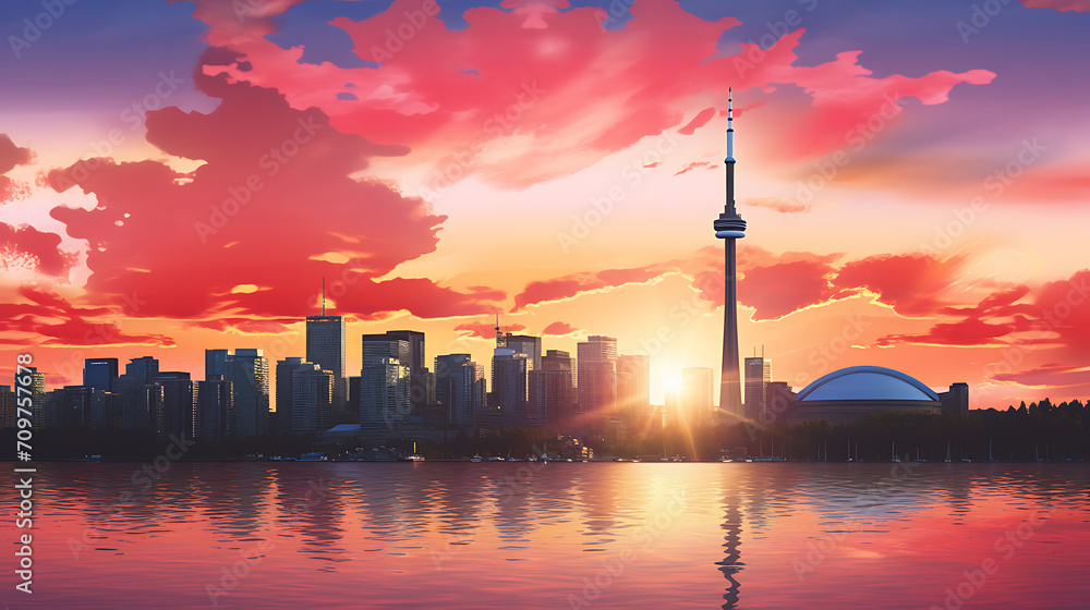  a vibrant sunset over a Canadian city skyline, featuring iconic landmarks, serving as a striking background for a Canada Day 2024 greeting card