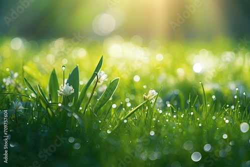 The photo shows a close-up of a flower growing in the grass. The flower is small and white, with thin petals. It is covered in dew, which creates a beautiful sparkle in the sun.