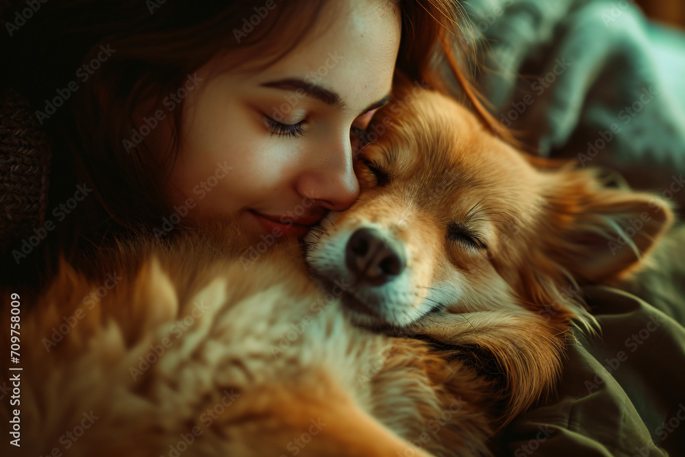 A person is warmly embracing a dog, close-up angle affectionately holding a dog.animal lover. cheerful and lively atmosphere A person is warmly embracing a dog, close-up angle affectionately holding a dog.animal lover. cheerful and lively atmosphere