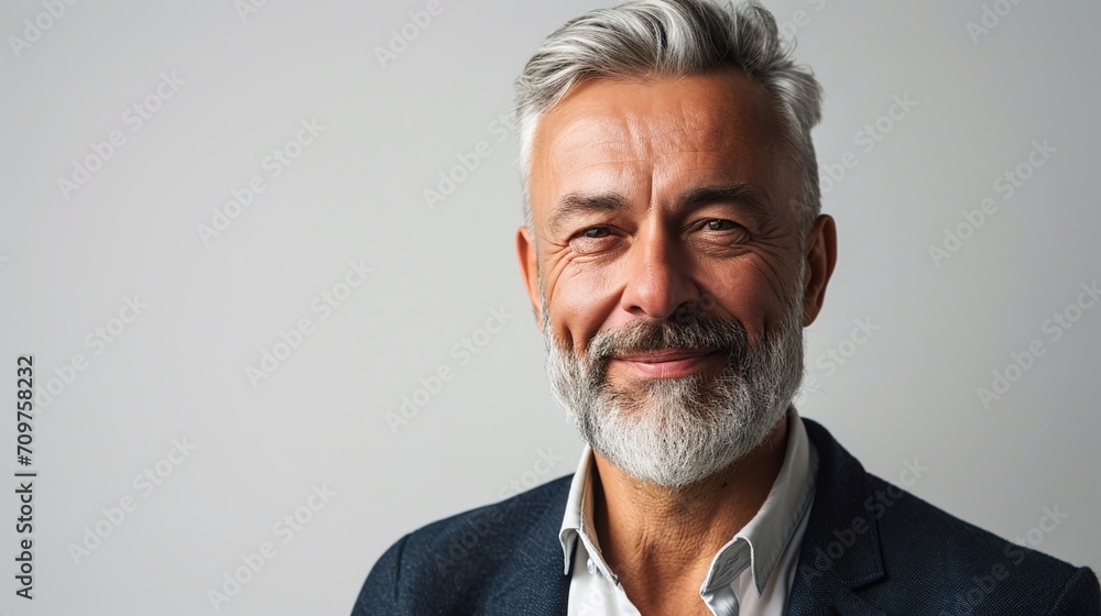 Obraz premium On a white background, a contented older businessman is focusing on the camera.