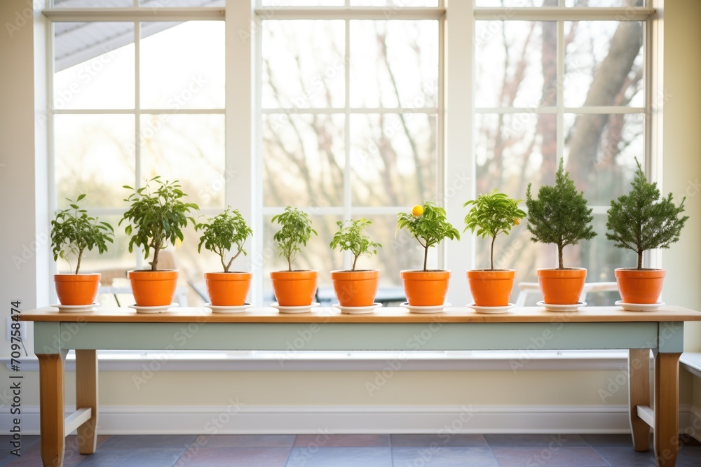 a row of potted dwarf citrus trees on a sunroom ledge